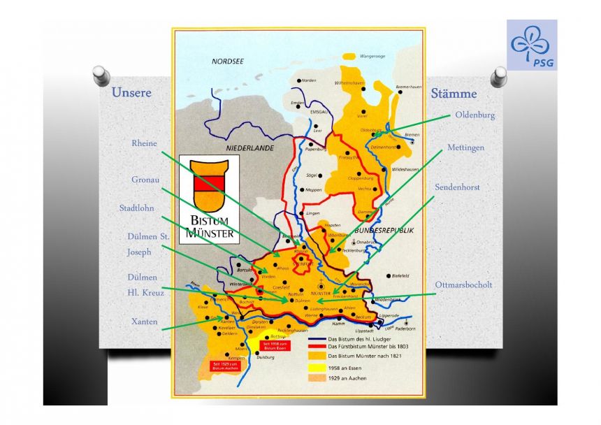 Landkarte mit den eingezeichneten Orten der Stämme im Diözesanverband Münster